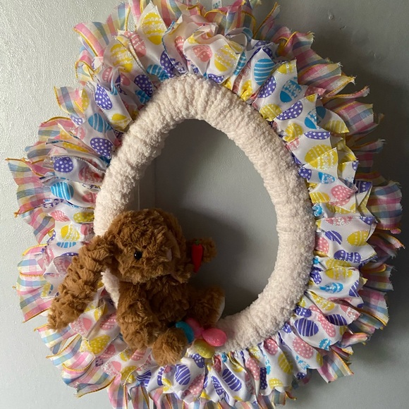 Colorful Easter Egg Wreath with Plush Bunny